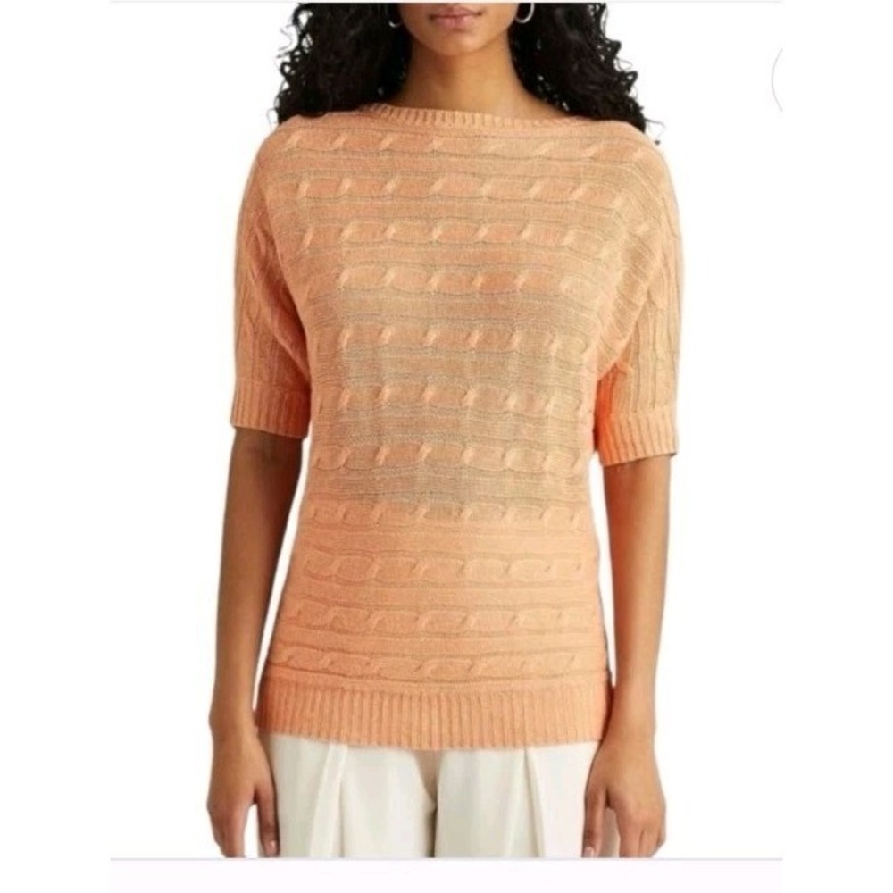 Lauren Ralph Lauren Women Peach Cable Knit Linen Blend Short Sleeve Sweater S